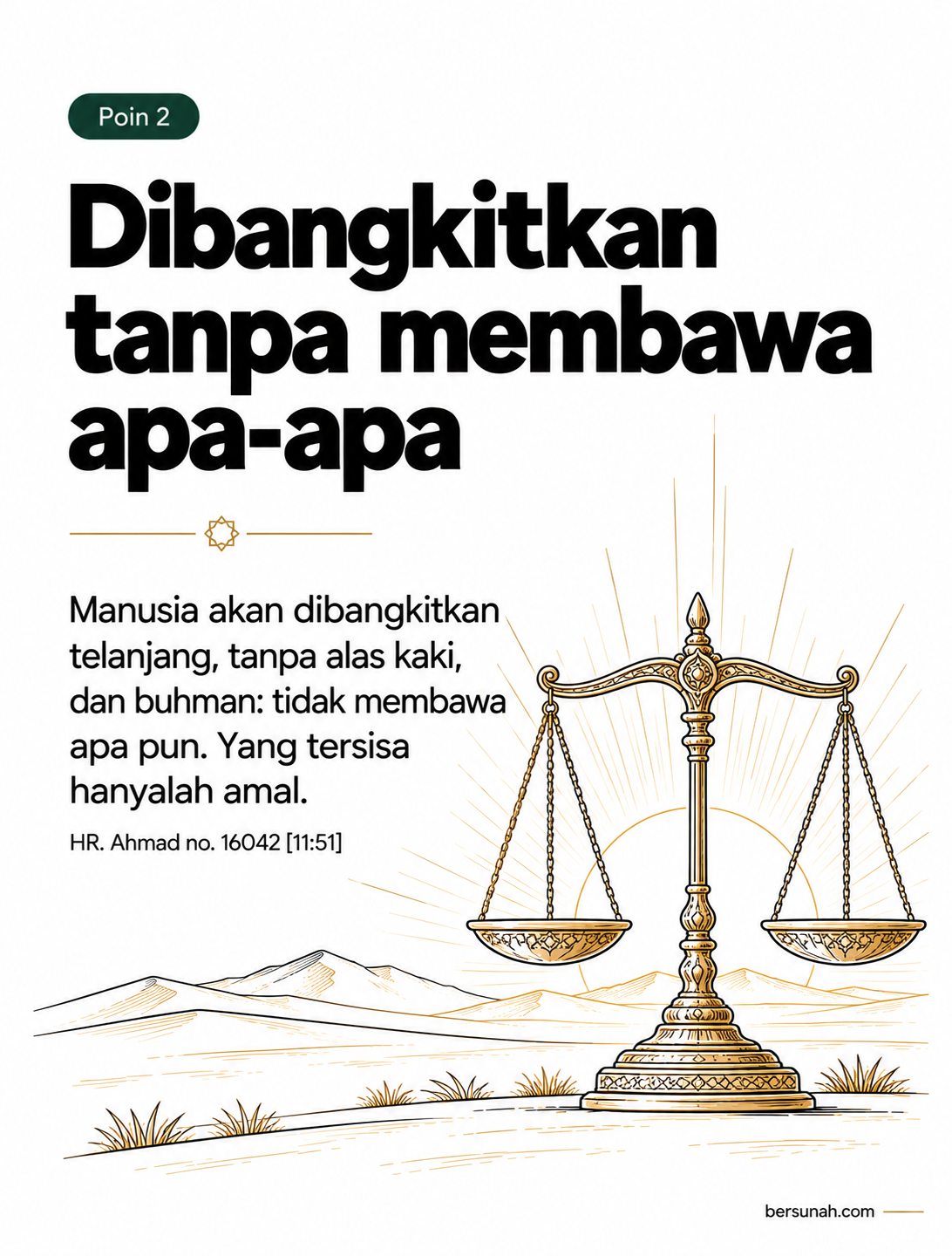Carousel Sebelum Semuanya Terlambat slide 3: Dibangkitkan tanpa membawa apa-apa dengan ilustrasi line-art timbangan amal klasik tenang diapit berkas cahaya fajar