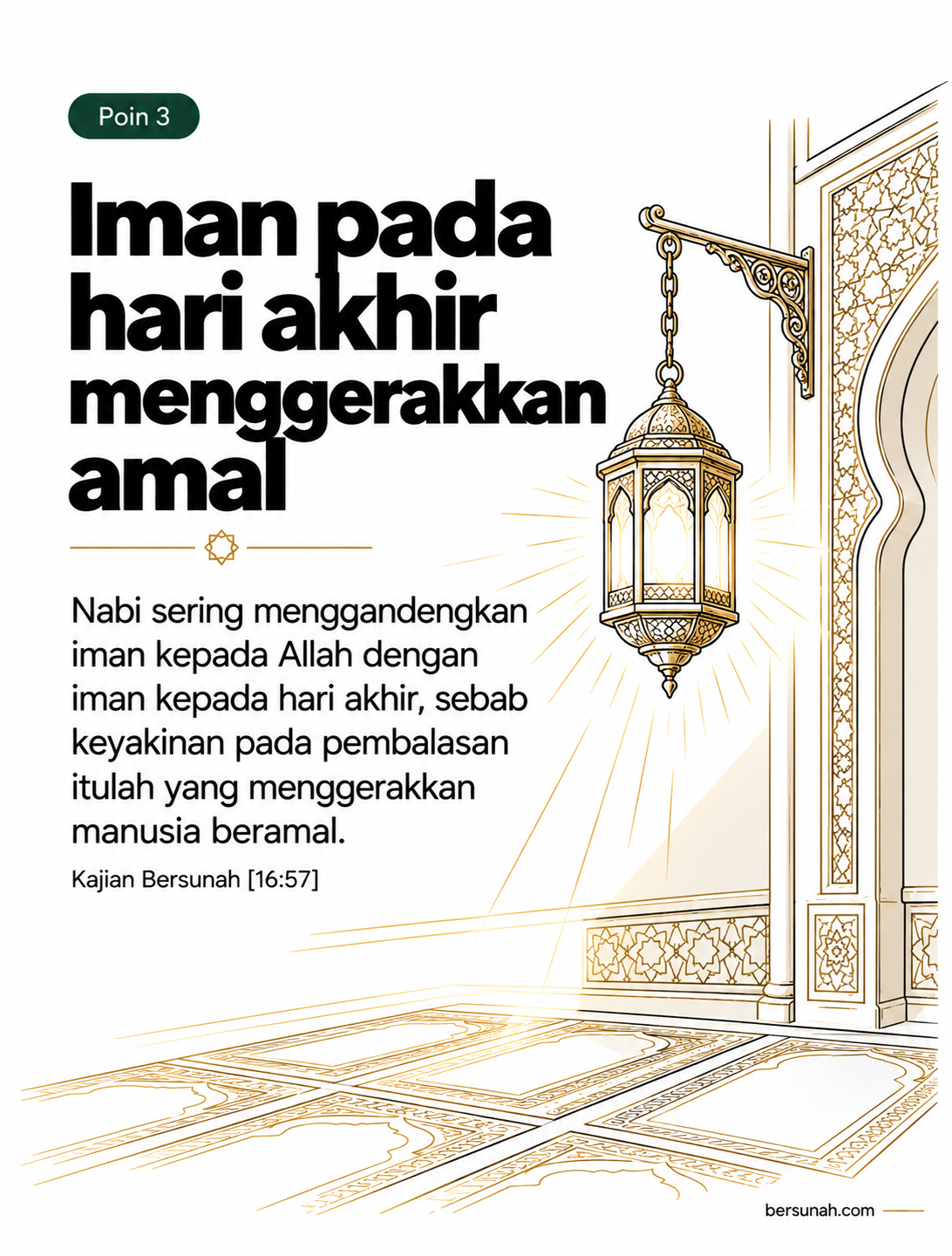 Carousel Sebelum Semuanya Terlambat slide 4: Iman pada hari akhir menggerakkan amal dengan ilustrasi line-art lentera fajar gantung antik dan mihrab melengkung