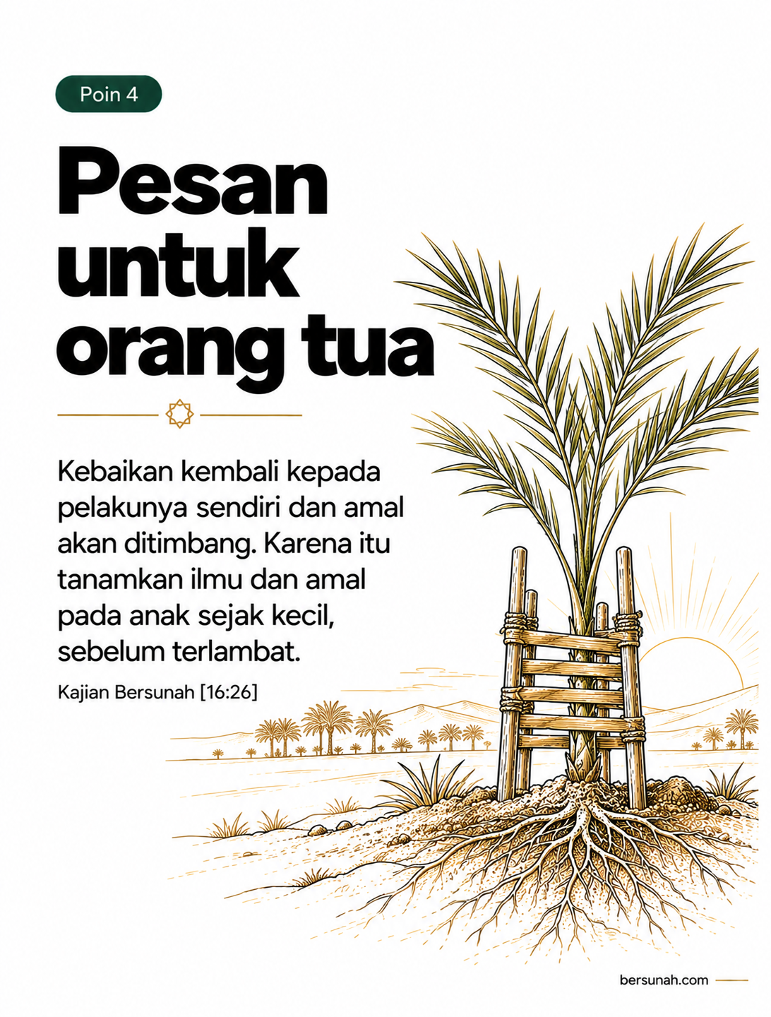 Carousel Sebelum Semuanya Terlambat slide 5: Pesan untuk orang tua dengan ilustrasi line-art tunas pohon kurma muda berakar kuat dan pagar pelindung
