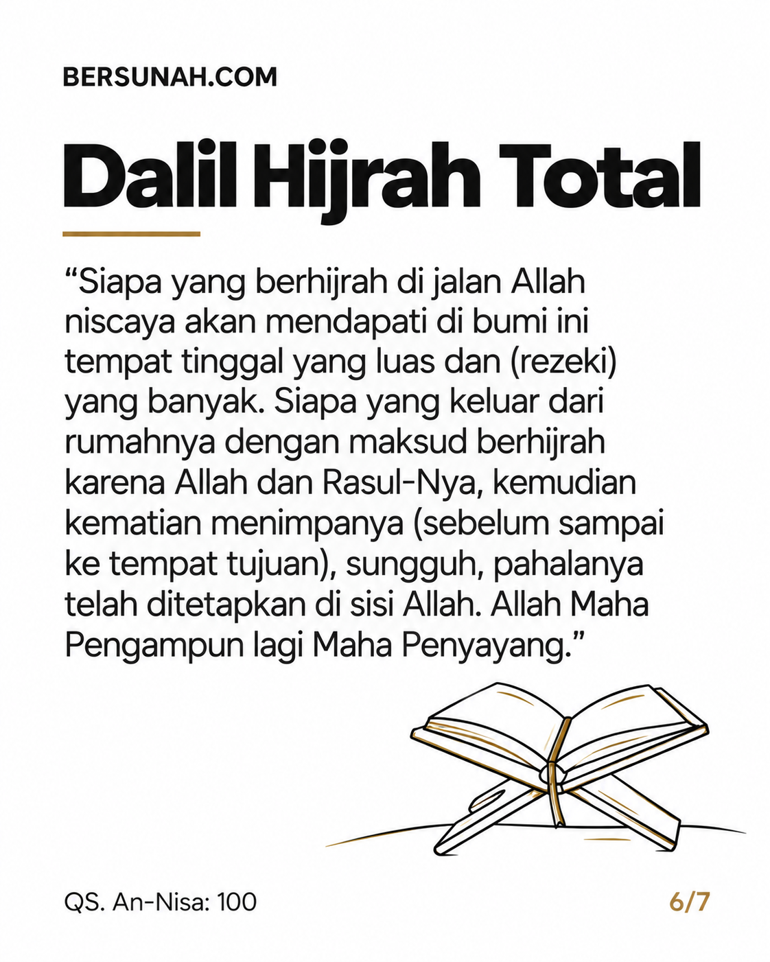 Carousel Hijrah Total slide 6: Teks terjemahan Surah An-Nisa ayat 100 mengenai tempat hijrah yang luas dan rezeki yang banyak